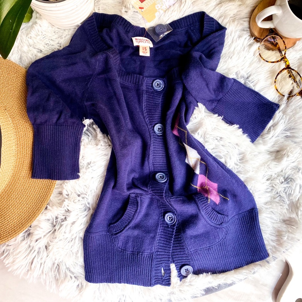 e Preppy Button Up Fitted Sweater Navy Pink NEW